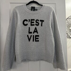 NWT Karl Lagerfeld Silver Fuzzy Gray C'est La Vie Sweater Crewneck Metallic Sz M